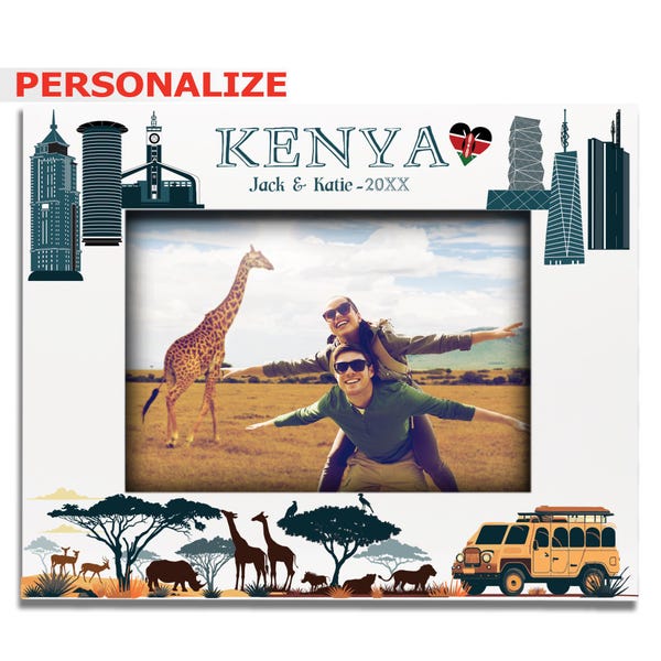 PERSONALIZE-Kenya Theme Picture Frame-Adventure, Honeymoon, Vacation, Travelers, Nature Lover-Safari Motif-Detailed skyline of Kenya Cities