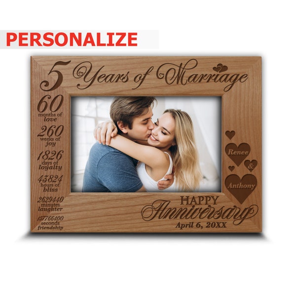 PERSONALIZED-5 Years of Marriage,Months,Weeks,Days,Hours, Weeks...-Traditional Wood Gift for 5th Anniversary-Engraved  Wood  Picture Frame