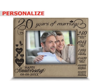 PERSONALIZED-20 Years of marriage-Months, Weeks, Days, Hours, Weeks...-20th Anniversary- Engraved Leather Picture Frame