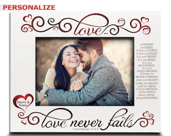 PERSONALIZE-Love Never Fails-1 Corinthians 13:4-8-Couple gift-Anniversary, Valentines Day- Gift for Wife, Husband - UV Print Picture Frame
