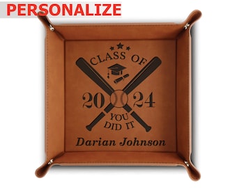 PERSONALIZE-Baseball Graduate - Academic, Collage, Senior Graduation Gift For Her, Him, Friends and Family- Engraved Leather Valet Tray