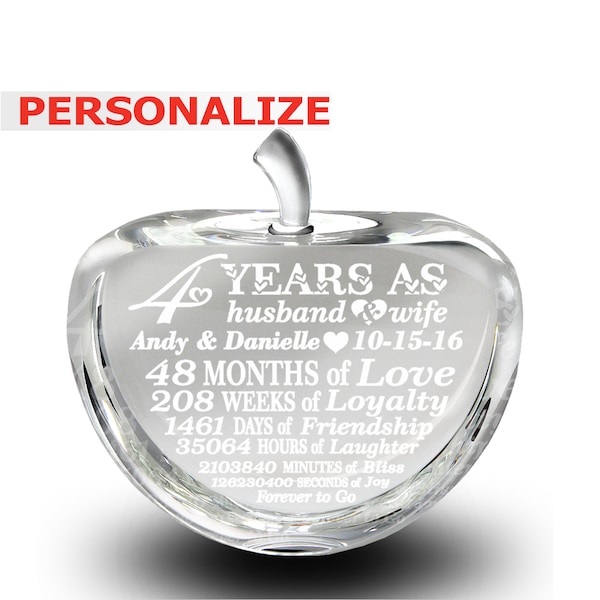 PERSONALIZED-4 years anniversary-Traditional Fruit gift for 4th Anniversary-Engraved Crystal Apple (Crystal Apple)