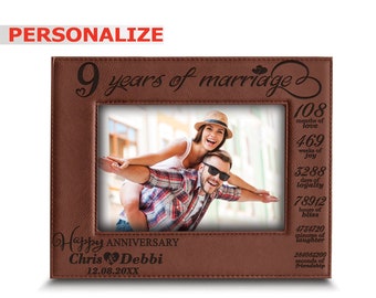 PERSONALIZE- 9th Anniversary Gift for Couple-Modern Leather Gift for 9 years Anniversary-Engraved Leather Picture Frame