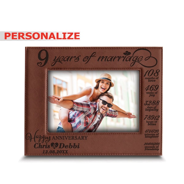 PERSONALIZE- 9th Anniversary Gift for Couple-Modern Leather Gift for 9 years Anniversary-Engraved Leather Picture Frame