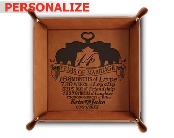 PERSONALIZE-14  Years of Marriage Gift - Traditional Ivory Theme Design for 14th Wedding Anniversary -Engraved Leatherette Valet Tray