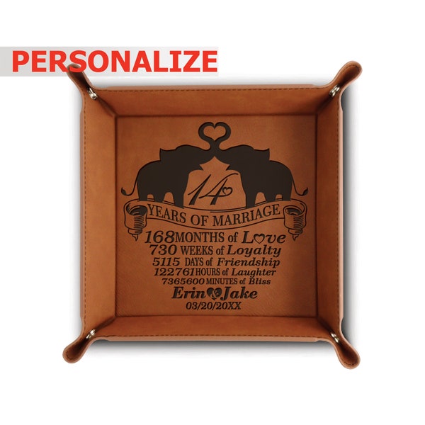 PERSONALIZE-14  Years of Marriage Gift - Traditional Ivory Theme Design for 14th Wedding Anniversary -Engraved Leatherette Valet Tray