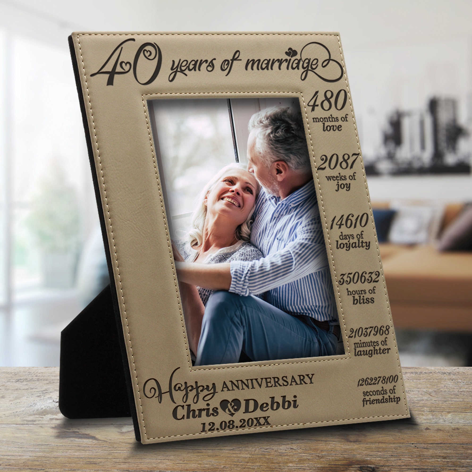 Happy anniversary couple 40 Years of marriage engraved Leather Picture frame 