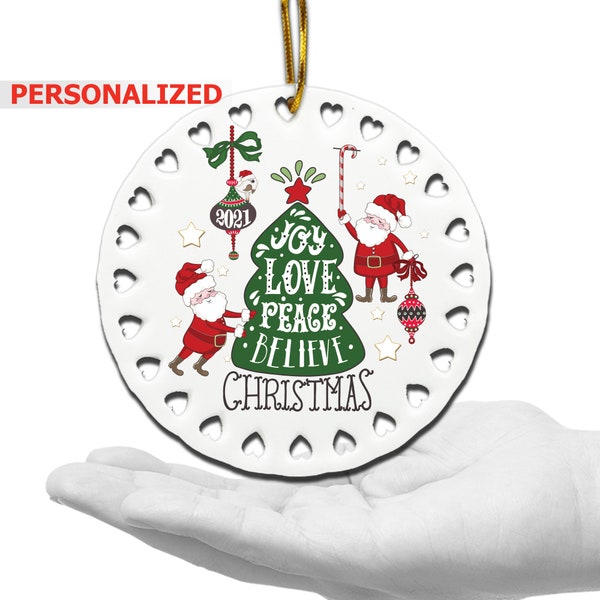 PERSONALIZE-Joy Pease Love Believe  Merry Christmas Ornament-Decorative Hanging Ornaments-UV Print Ceramic Hearts Ornament