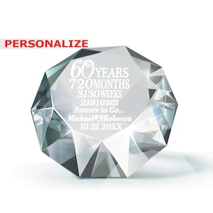 PERSONALIZED-Traditional Diamond Gift for 60 Years Wedding Anniversary-Engraved Crystal Diamond Paperweight Keepsake