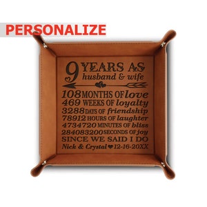PERSONALIZE Modern Leather Gift For 9 Years Anniversary-Customizable Gift for Couples -Engraved Leather Tray