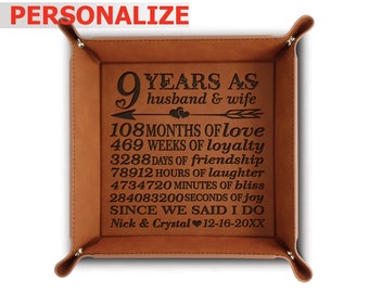 PERSONALIZE Modern Leather Gift For 9 Years Anniversary-Customizable Gift for Couples -Engraved Leather Tray