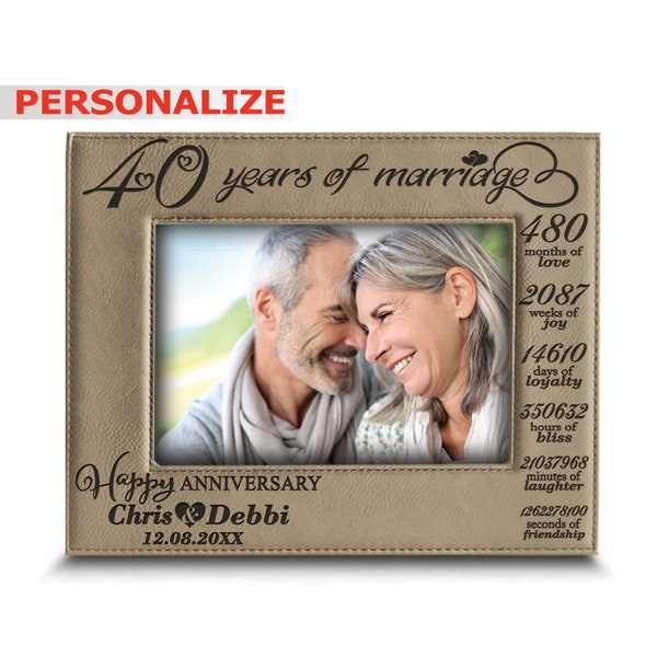 PERSONALIZED-40 Years of marriage-Months, Weeks, Days, Hours, Weeks...-40th Anniversary- Engraved Leather Picture Frame