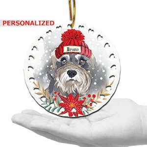 PERSONALIZED-Schnauzer Ornament- Dog lover gifts-4&quot; Christmas Tree Ornament-Custom Dog Ornament -UV Print Gog Face With Christmas Hat