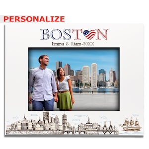 PERSONALIZE-Boston Theme Picture Frame-Wedding, Honeymoon, Vacation, Travel Lover Keepsake-  Boston Skyline, Fenway Park, Charles River