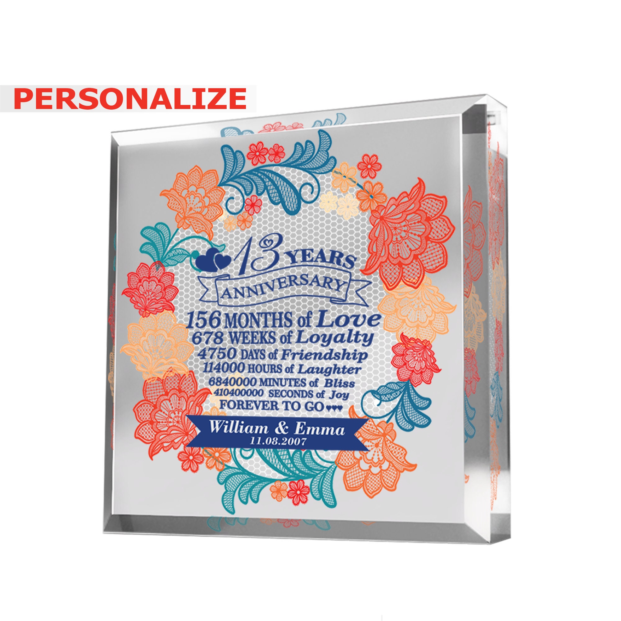 Personalize-13 Years Anniversary-Traditional Lace Design for 13th Anniversary-Print Acrylic Paperweight