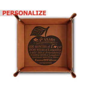 PERSONALIZE-4 Years Anniversary -Traditional Fruit Gift for Fourth Anniversary-Engraved Leather Tray