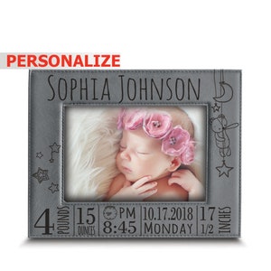 May include: Gray leatherette photo frame with a white and gray fuzzy background. The frame has a white mat and a clear window for a photo. The frame is personalized with the name "Sophia Johnson", the date "10.17.2018", the time "8:45 PM", the day "Monday", and the baby's weight and length: "4 pounds 15 ounces" and "17 1/2 inches".