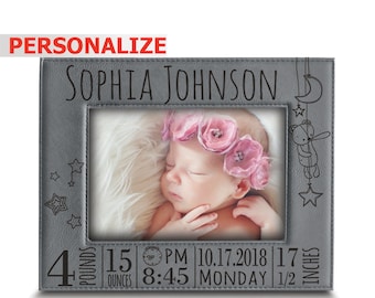 PERSONALIZE-Baby Picture Frame-Birth Announcement-Baby Name frame-New Baby picture frame-baby shower gift-Engraved Grey Leather frame