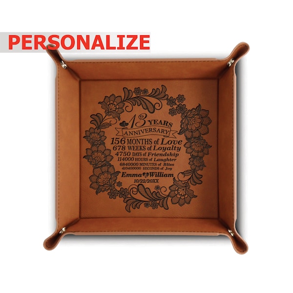 PERSONALIZE-Traditional Lace (Engraved Art Work Design) for 13 Years Anniversary Gift- -Engraved Leatherette Valet Tray