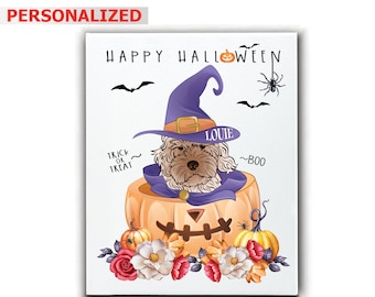 May include: A white dog wearing a purple witch hat and a purple cape is sitting inside a jack-o'-lantern. The dog's name is "LOUIE". The text "HAPPY HALLOWEEN" is at the top of the image. There are bats and spiders around the dog.
