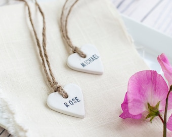 Personalised Clay Heart Place Tags, Wedding Favour/Favor Tags - Rustic, Vintage, Shabby Chic, Country Wedding Decor, Table Decoration