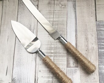 Cake Knife & Server Set, Plain Twine, Rustic Wedding Cake Knife Set, Vintage Wedding Cake Knife Set, Cake Knife and Server Set