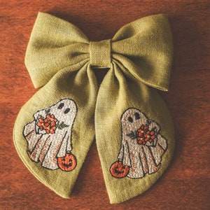 Halloween hårrosett med spöket broderi, broderad hårrosett, rosetter för flickor