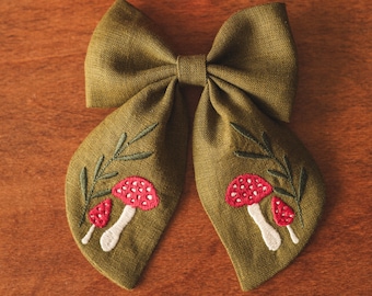 Groene strik met paddenstoelenborduursel, geborduurde haarstrik, haarelastiekjes voor meisjes, strikhaarclip, strikhaaraccessoires, strikhaarspeld