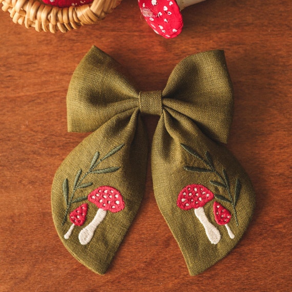 Green bow with the mushroom embroidery, embroidered hair bow, hair bows for girls, bow hair clip, bow hair accessories, bow hair pin