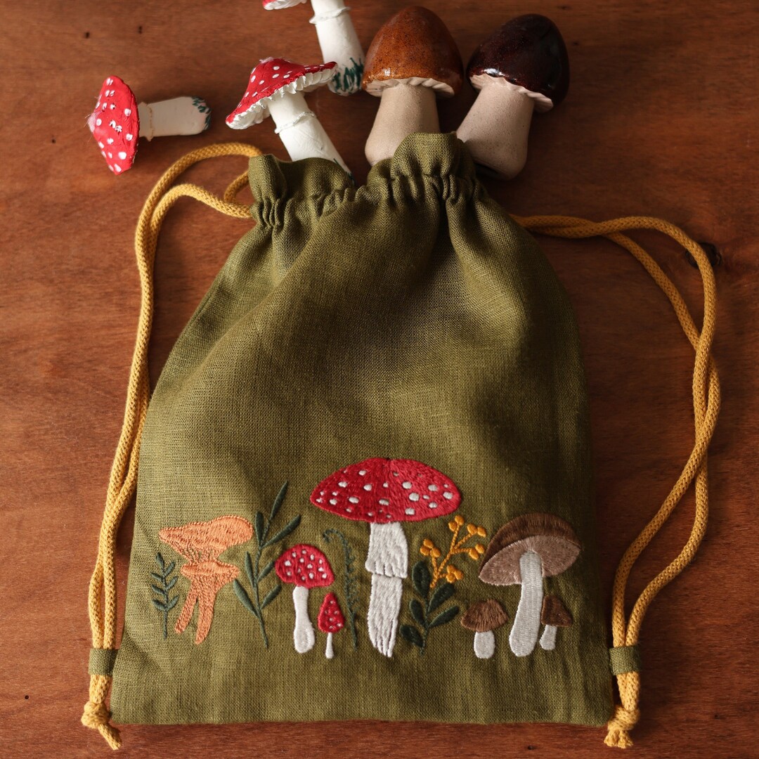Linen Backpack for Kids, Mushroom Embroidery Backpack, Embroidered ...