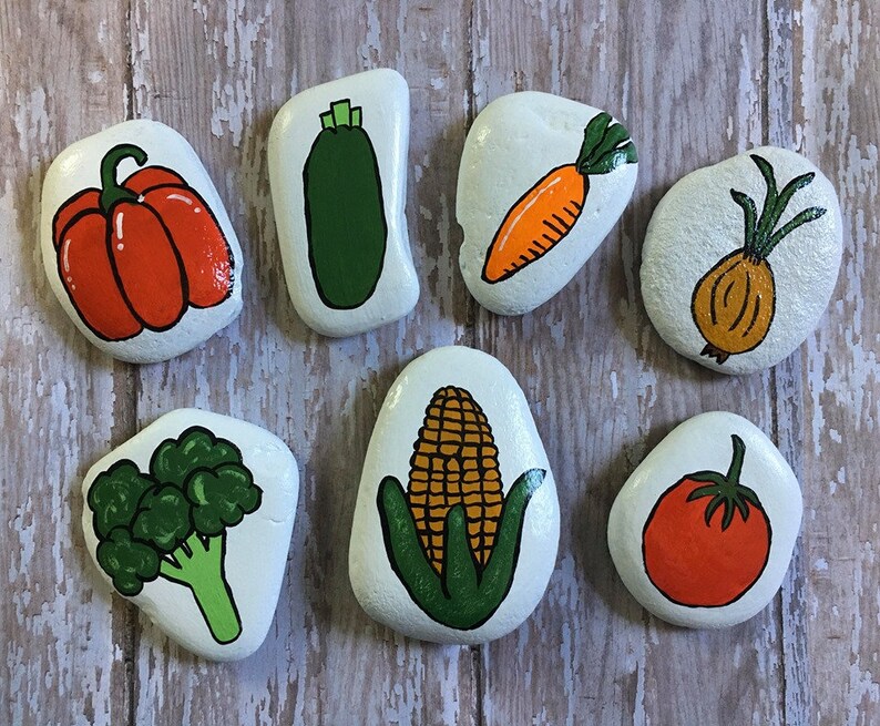 Hand Painted Vegetable Garden Rocks Set of 7 Whimsical Art Etsy
