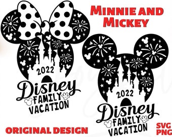 May include: Black and white silhouette design featuring Minnie Mouse and Mickey Mouse heads with fireworks and Cinderella's castle. The text "Disney Family Vacation 2022" is included.  The design is labeled "Original Design" and "SVG PNG".