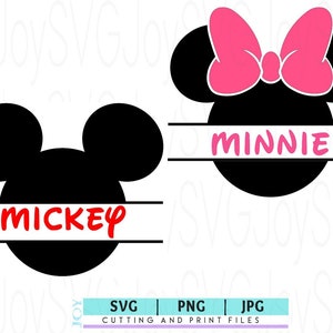 May include: Black and white silhouette of Mickey Mouse with the word "Mickey" in red text on a white banner. Black and white silhouette of Minnie Mouse with a pink bow and the word "Minnie" in pink text on a white banner.