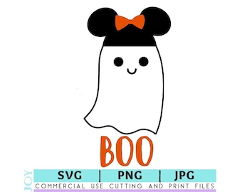 May include: A white ghost with a black and orange bow on its head. The ghost has a smiling face and the word "BOO" is written below it.