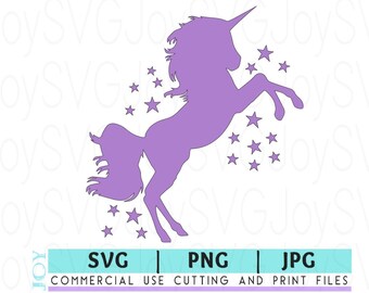 Puede incluir: Silueta morada de un unicornio con un cuerno y una melena fluida, saltando con estrellas a su alrededor.