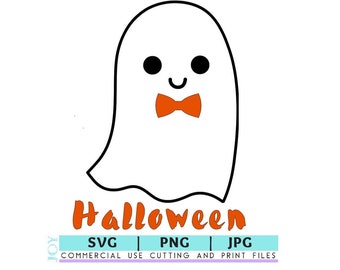 May include: A cute cartoon ghost wearing a bow tie with the word "Halloween" written below. The image is in black, white, and orange.