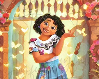 May include: A young girl with dark hair and glasses is wearing a colorful dress with floral embroidery and butterflies. She is standing in front of a doorway with a blue door and a stone archway decorated with flowers. The background is filled with white butterflies.