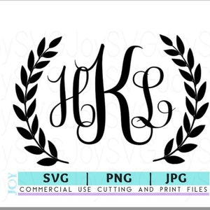 May include: Black and white monogram design of the letters HKL surrounded by a wreath of leaves.  SVG, PNG, and JPG files for commercial use cutting and print.