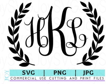 May include: Black and white monogram design of the letters HKL surrounded by a wreath of leaves.  SVG, PNG, and JPG files for commercial use cutting and print.