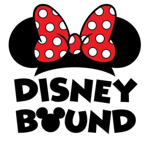 May include: Black and white graphic of Mickey Mouse ears with a red bow with white polka dots. The text "DISNEY BOUND" is below the ears.