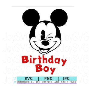 May include: Black and white illustration of Mickey Mouse winking with the text "Birthday Boy" in red letters.