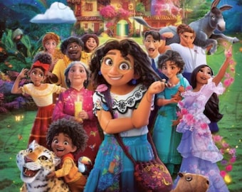 May include: A colorful illustration of a group of animated characters, including a young girl with long dark hair wearing a blue and white dress, a capybara, a jaguar, and a donkey. The characters are standing in front of a green background with a house in the distance.