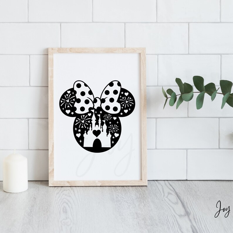 May include: Black and white silhouette of Mickey Mouse ears with a bow and a castle inside. The bow has white polka dots. The castle has a heart on the front. There are fireworks around the castle.