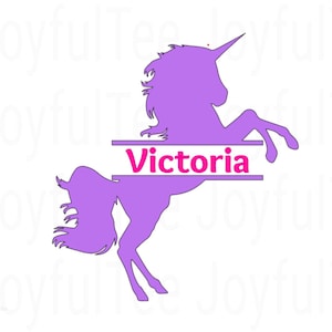 May include: Purple silhouette of a unicorn with a horn and a flowing mane, rearing up with its front legs in the air. The unicorn is split in half horizontally with the name "Victoria" written in pink across the middle.