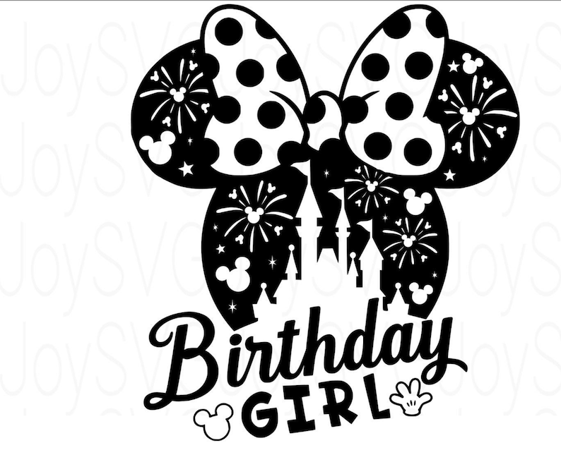 May include: Black and white silhouette of a Minnie Mouse bow with fireworks and a castle in the background. The text "Birthday Girl" is below the bow.