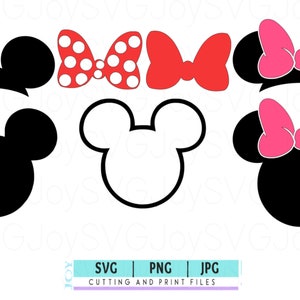 May include: A set of black and white Mickey Mouse head silhouettes with red and white polka dot bows and pink bows. The silhouettes are for cutting and printing.