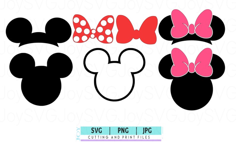 May include: A set of black and white Mickey Mouse head silhouettes with red and white polka dot bows and pink bows. The silhouettes are for cutting and printing.