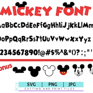 May include: Mickey Mouse font alphabet with uppercase and lowercase letters, numbers, and symbols. The font is black and the background is red. The image also includes a bonus set of Mickey Mouse head silhouettes in black, white, and color.