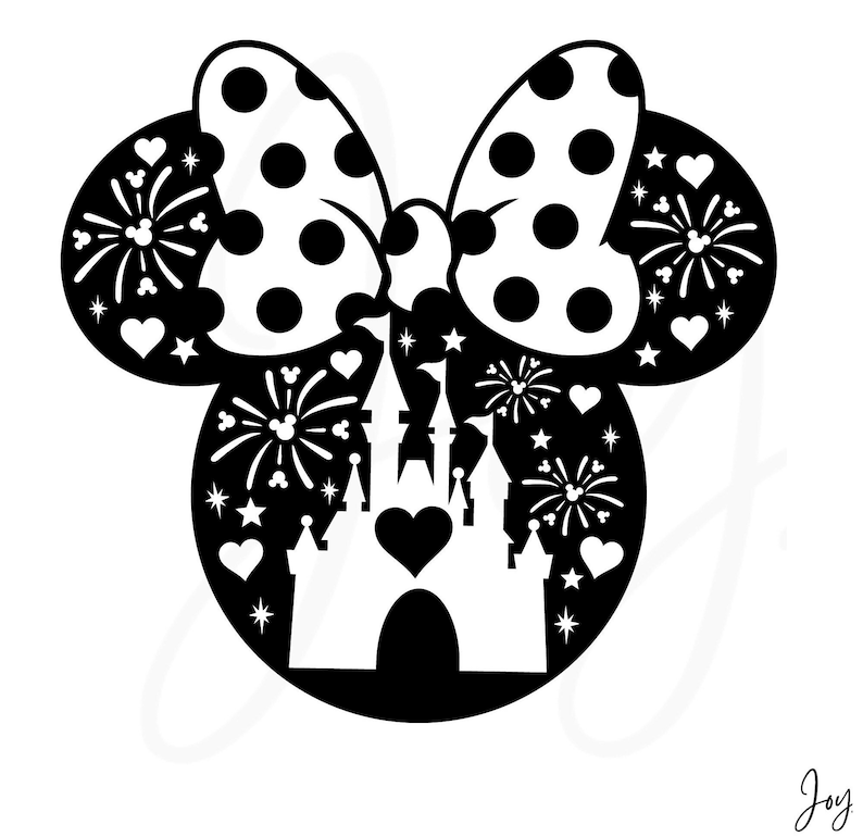 May include: Black and white silhouette of Mickey Mouse ears with a bow and a silhouette of Cinderella's castle inside the ears. The ears are decorated with white polka dots, hearts, stars, and fireworks.