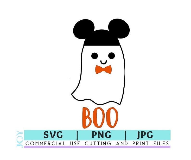 May include: A white ghost illustration with black mouse ears, an orange bow tie, and the word "BOO" in orange. Below the ghost are the words "SVG | PNG | JPG" and "COMMERCIAL USE CUTTING AND PRINT FILES".